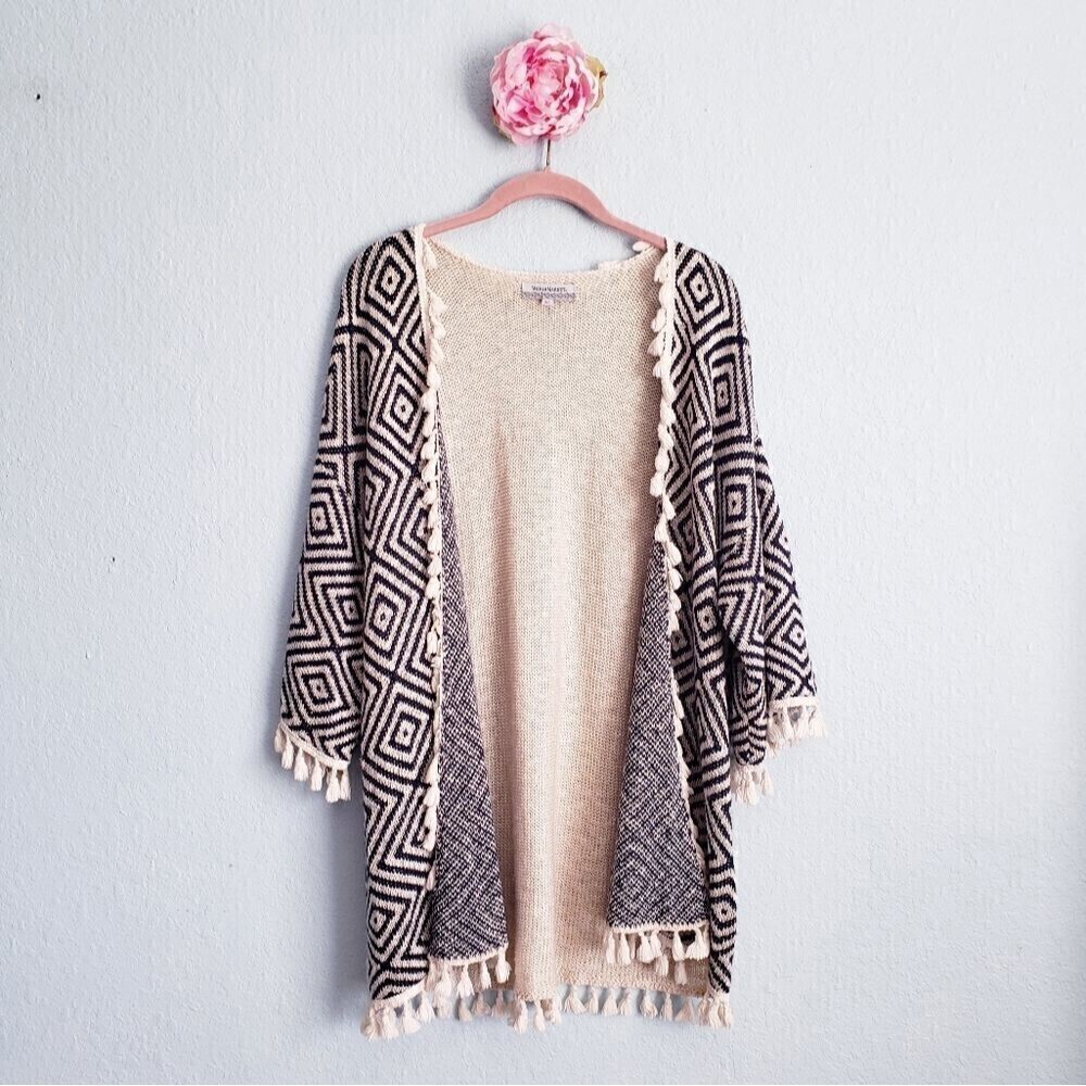 World Market Black &‎ White Geometric Knit Tassle Fringe Cardigan